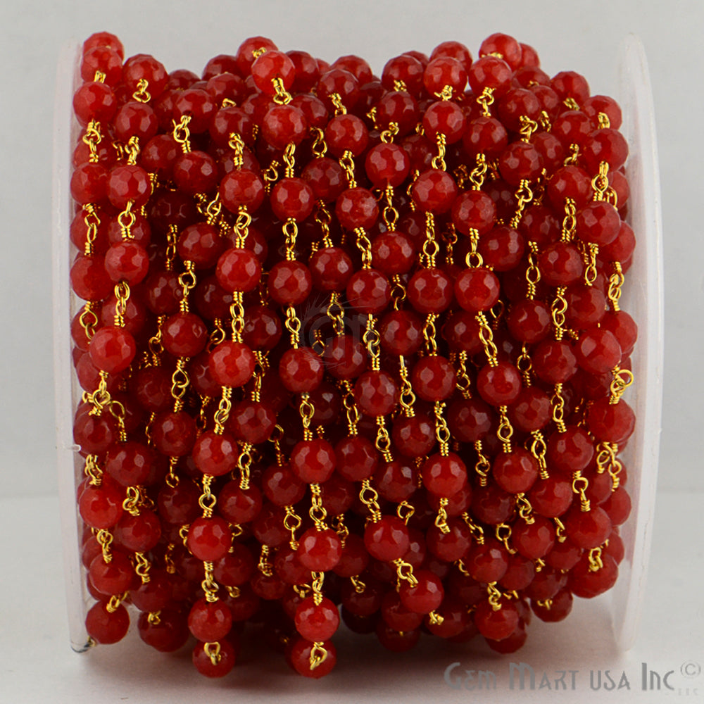 Dyed Jade Bead Faceted Crystal Round Rosary Chain Gold Plating, 5-6mm, 1+ ft