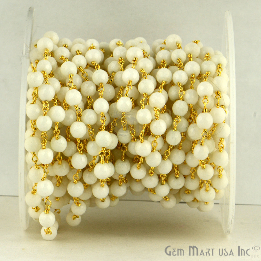 Dyed Jade Bead Faceted Crystal Round Rosary Chain Gold Plating, 5-6mm, 1+ ft