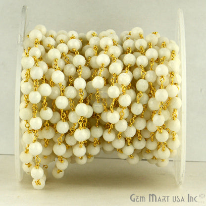 Dyed Jade Bead Faceted Crystal Round Rosary Chain Gold Plating, 5-6mm, 1+ ft