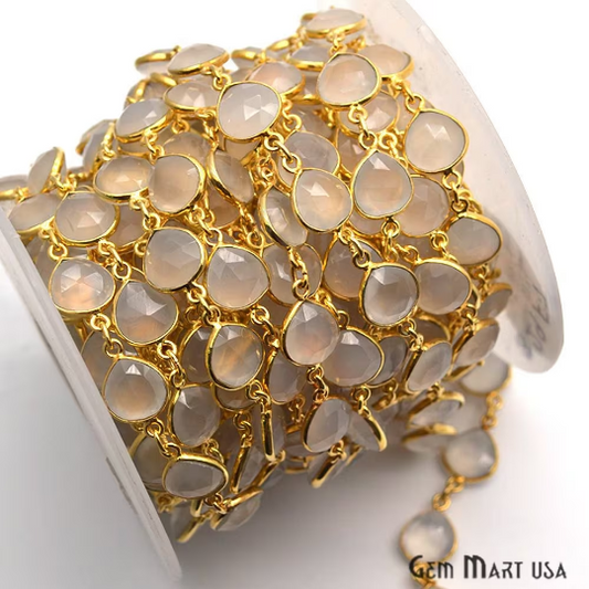 White Chalcedony 10mm Heart Gold Plated Bezel Continuous Connector Chain