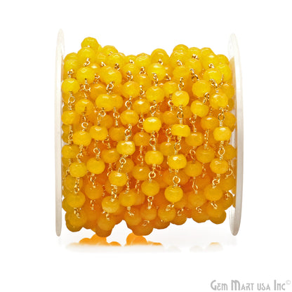 Dyed Jade Bead Faceted Crystal Round Rosary Chain Gold Plating, 5-6mm, 1+ ft
