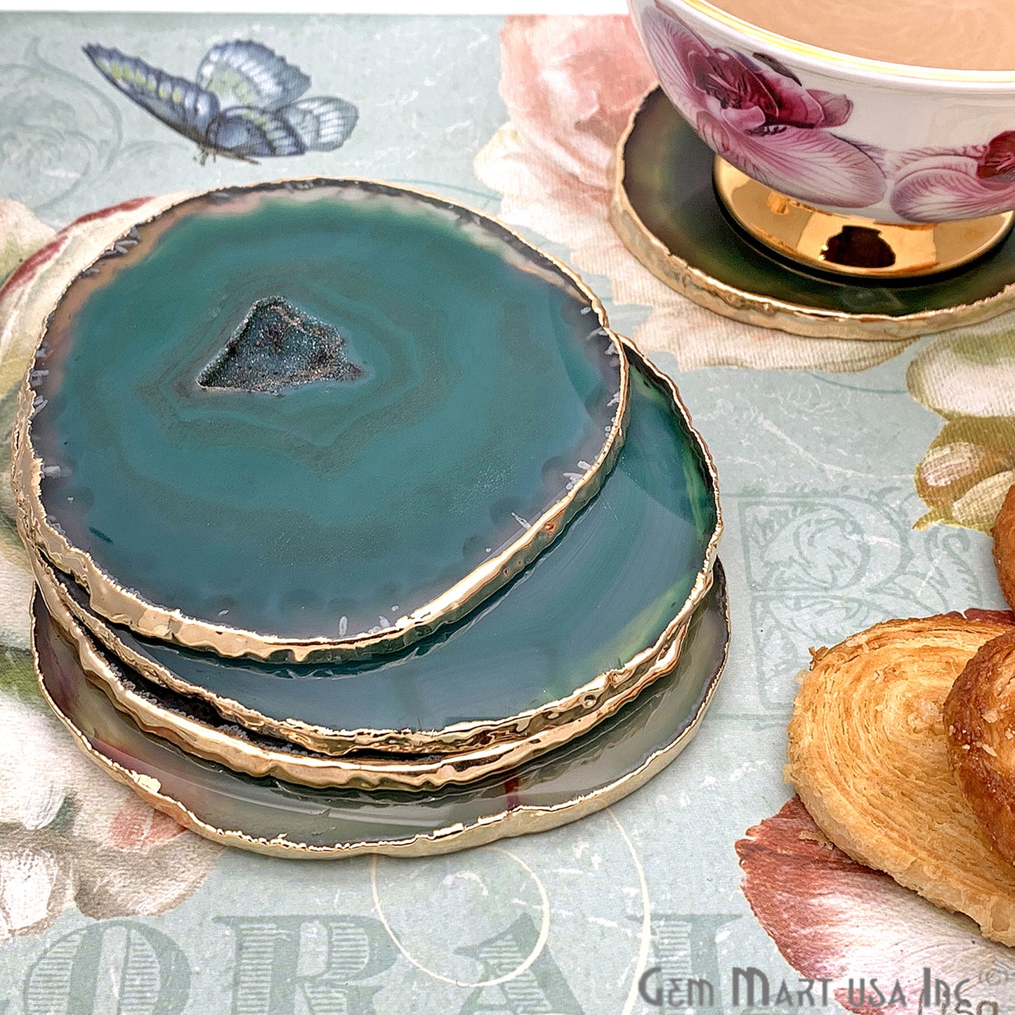 Green Agate Slice Coaster, Natural Gemstone Coaster, Rock & Crystal Coaster, Organic/Silver/Gold Plated Drinkware