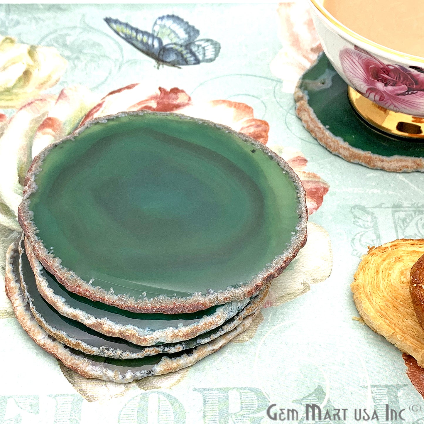 Green Agate Slice Coaster, Natural Gemstone Coaster, Rock & Crystal Coaster, Organic/Silver/Gold Plated Drinkware