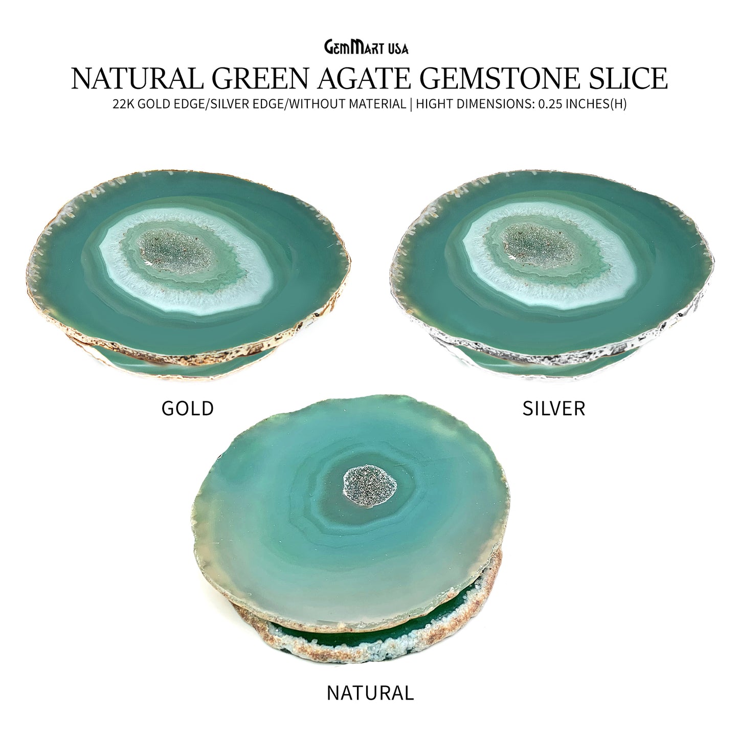 Green Agate Slice Coaster, Natural Gemstone Coaster, Rock & Crystal Coaster, Organic/Silver/Gold Plated Drinkware