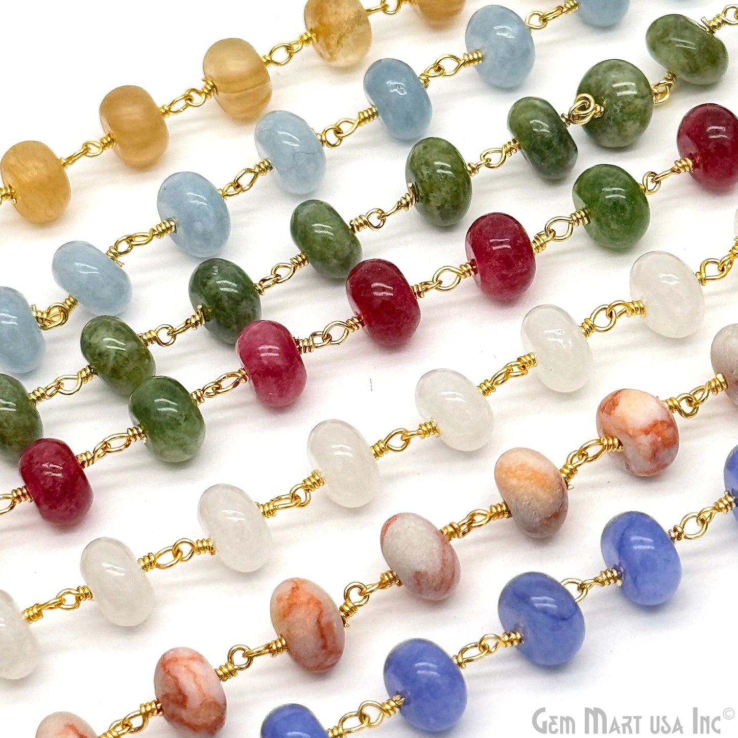 Dyed Jade Bead Cabochon Crystal Round Rosary Chain Gold Plating, 8-9mm, 1+ ft
