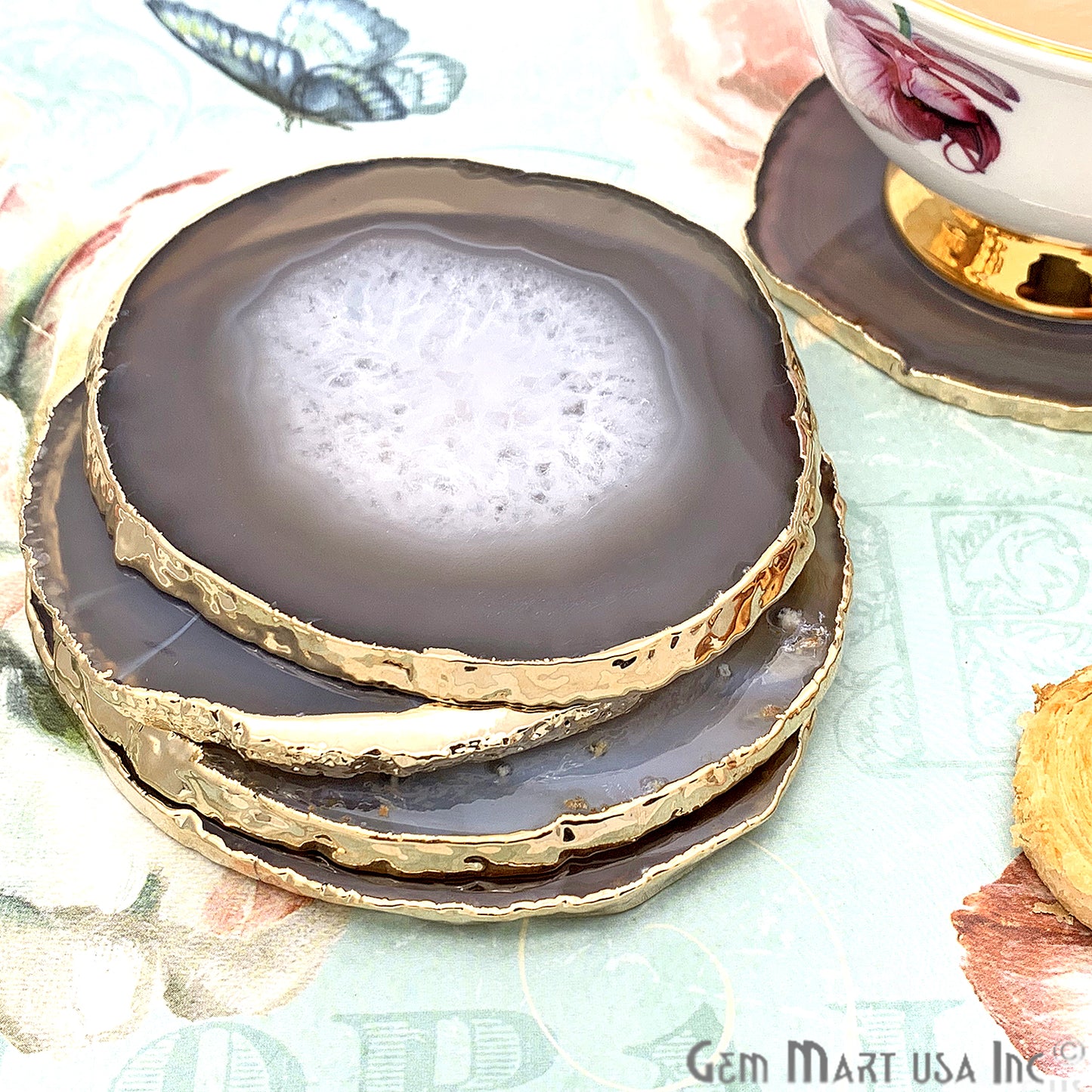 Agate Slice Coaster, Natural Gemstone Coaster, Rock & Crystal Coaster, Organic/Silver/Gold Plated Drinkware