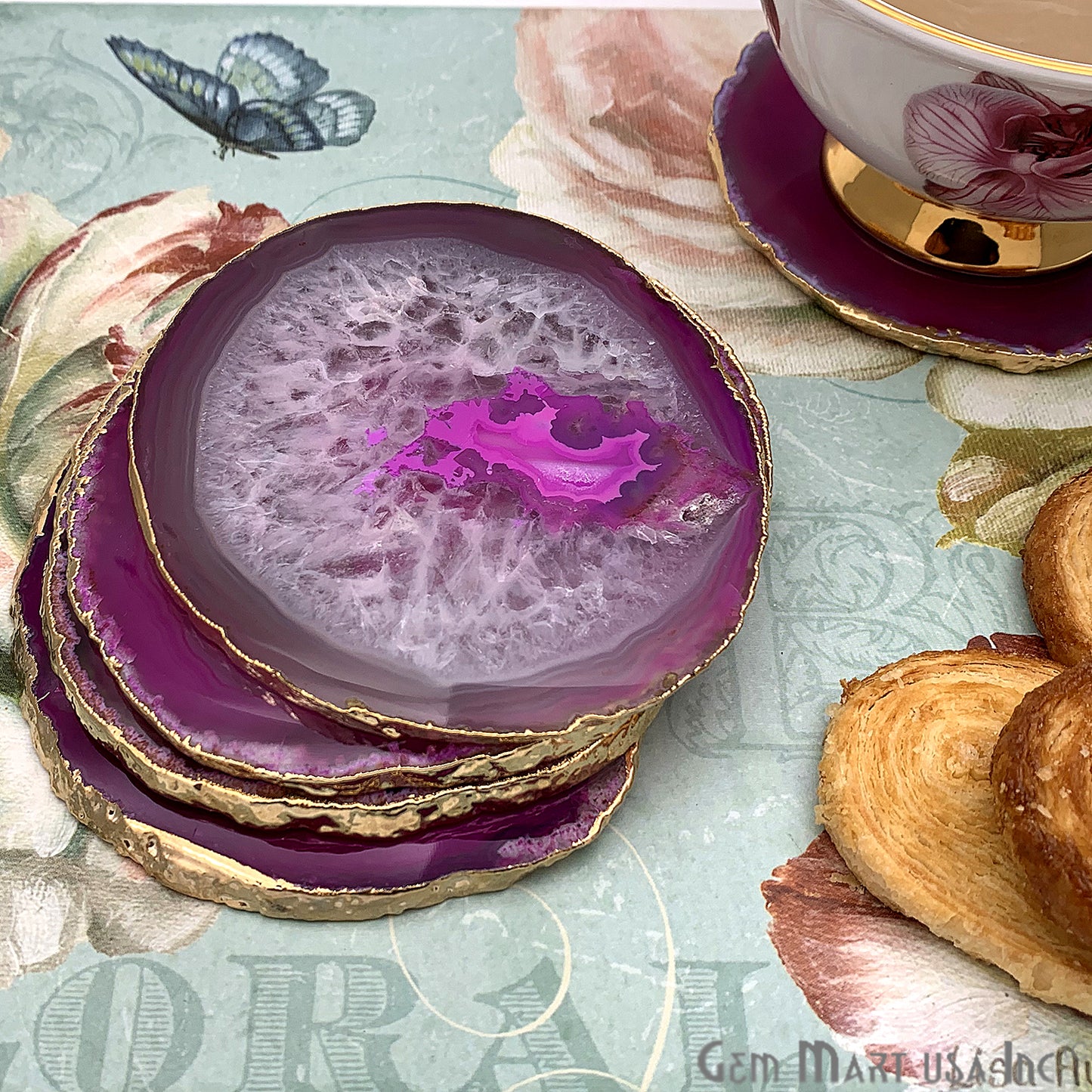 Agate Slice Coaster, Natural Gemstone Coaster, Rock & Crystal Coaster, Organic/Silver/Gold Plated Drinkware