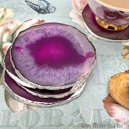 Agate Slice Coaster, Natural Gemstone Coaster, Rock & Crystal Coaster, Organic/Silver/Gold Plated Drinkware