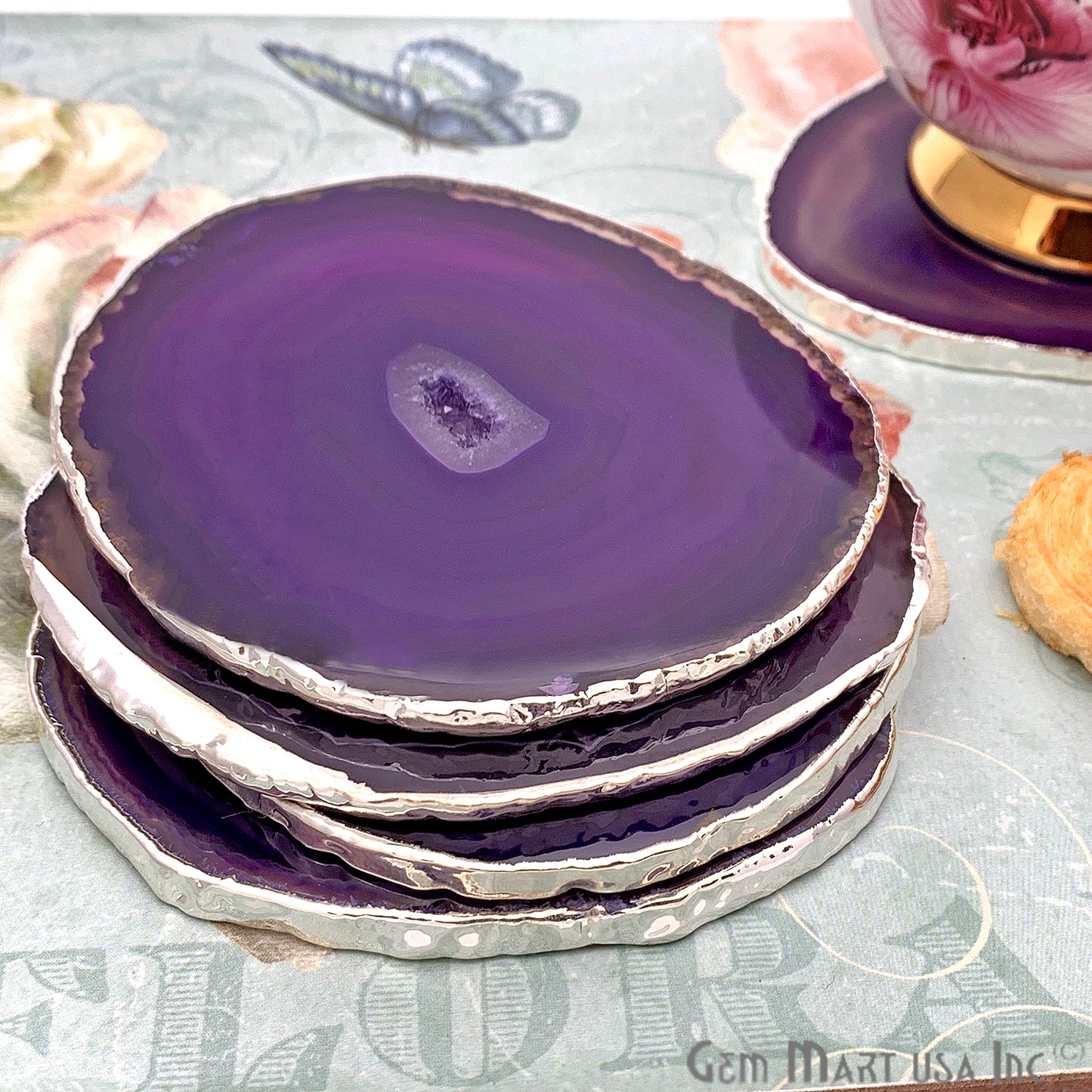 Agate Slice Coaster, Natural Gemstone Coaster, Rock & Crystal Coaster, Organic/Silver/Gold Plated Drinkware