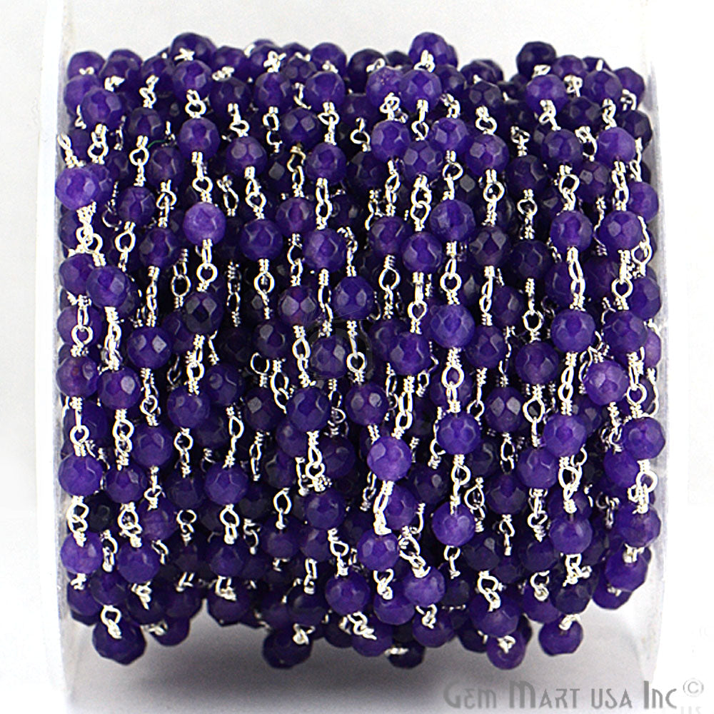 Dyed Jade Bead Faceted Crystal Round Rosary Chain Silver Plating, 4mm, 1+ ft