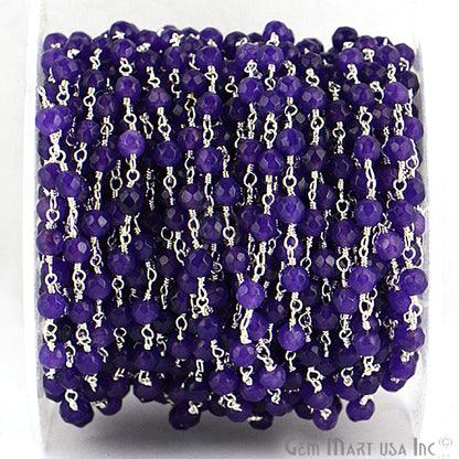 Dyed Jade Bead Faceted Crystal Round Rosary Chain Silver Plating, 4mm, 1+ ft
