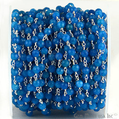 Dyed Jade Bead Faceted Crystal Round Rosary Chain Silver Plating, 4mm, 1+ ft