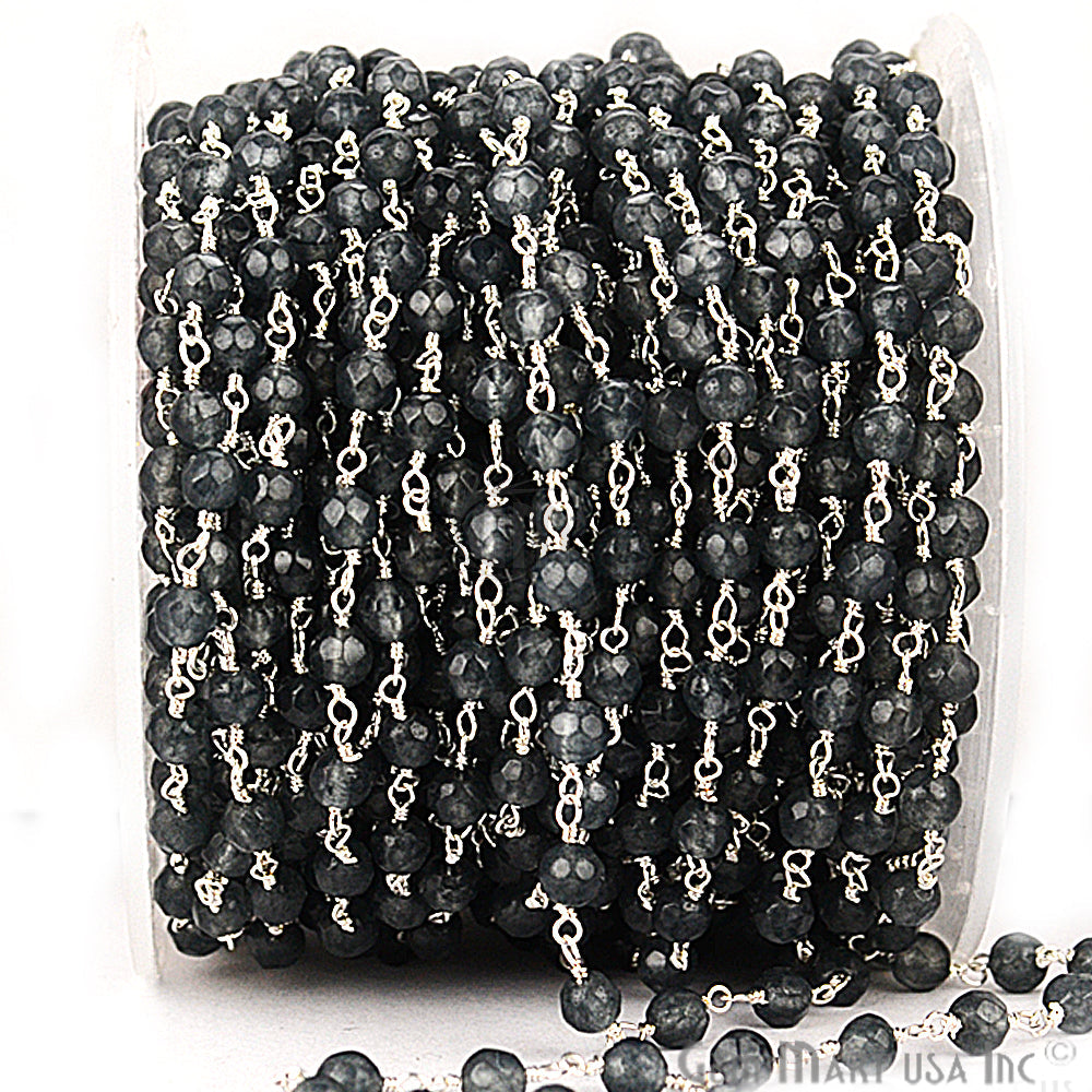 Dyed Jade Bead Faceted Crystal Round Rosary Chain Silver Plating, 4mm, 1+ ft