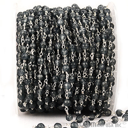 Dyed Jade Bead Faceted Crystal Round Rosary Chain Silver Plating, 4mm, 1+ ft