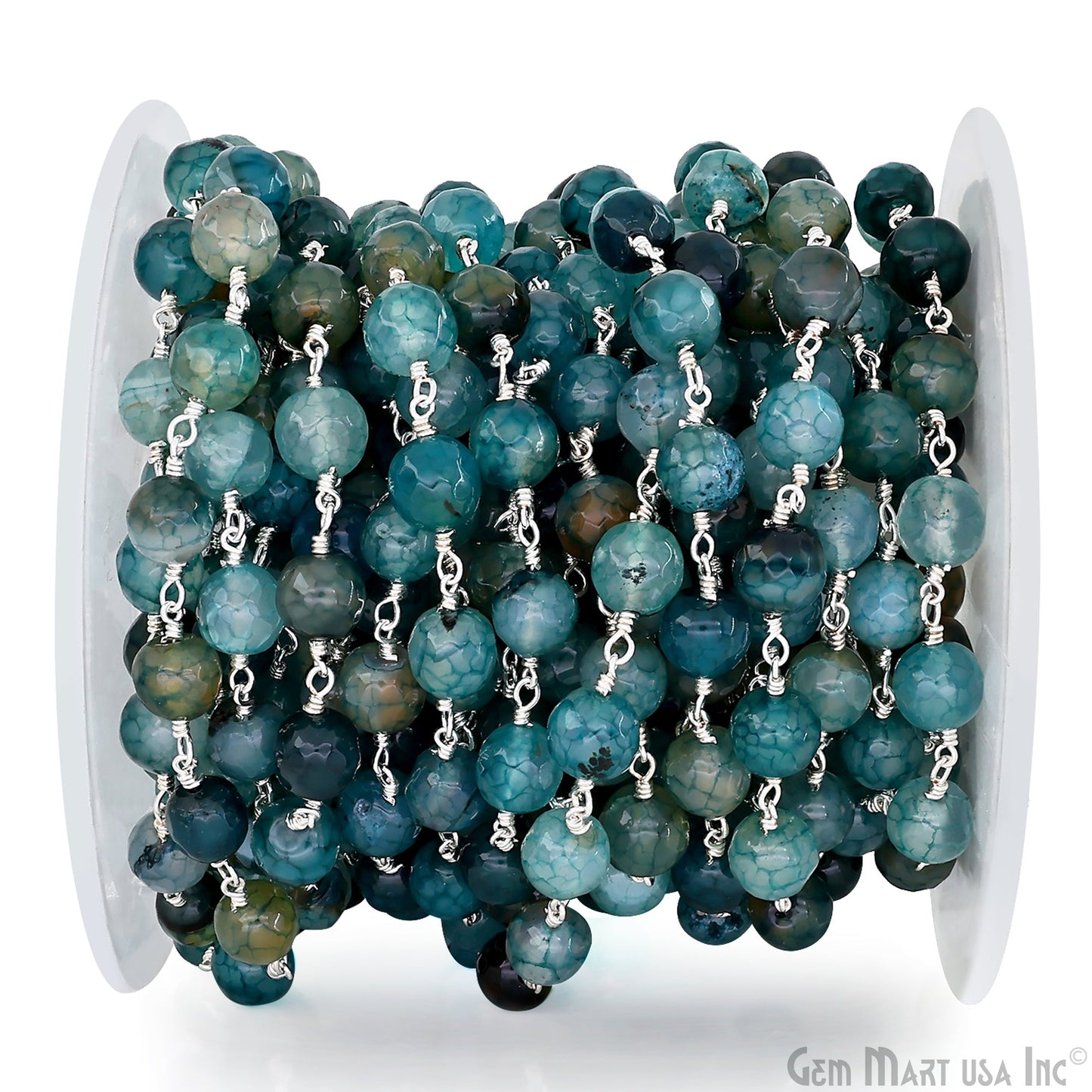 Dyed Jade Bead Faceted Crystal Round Rosary Chain Silver Plating, 8mm, 1+ ft