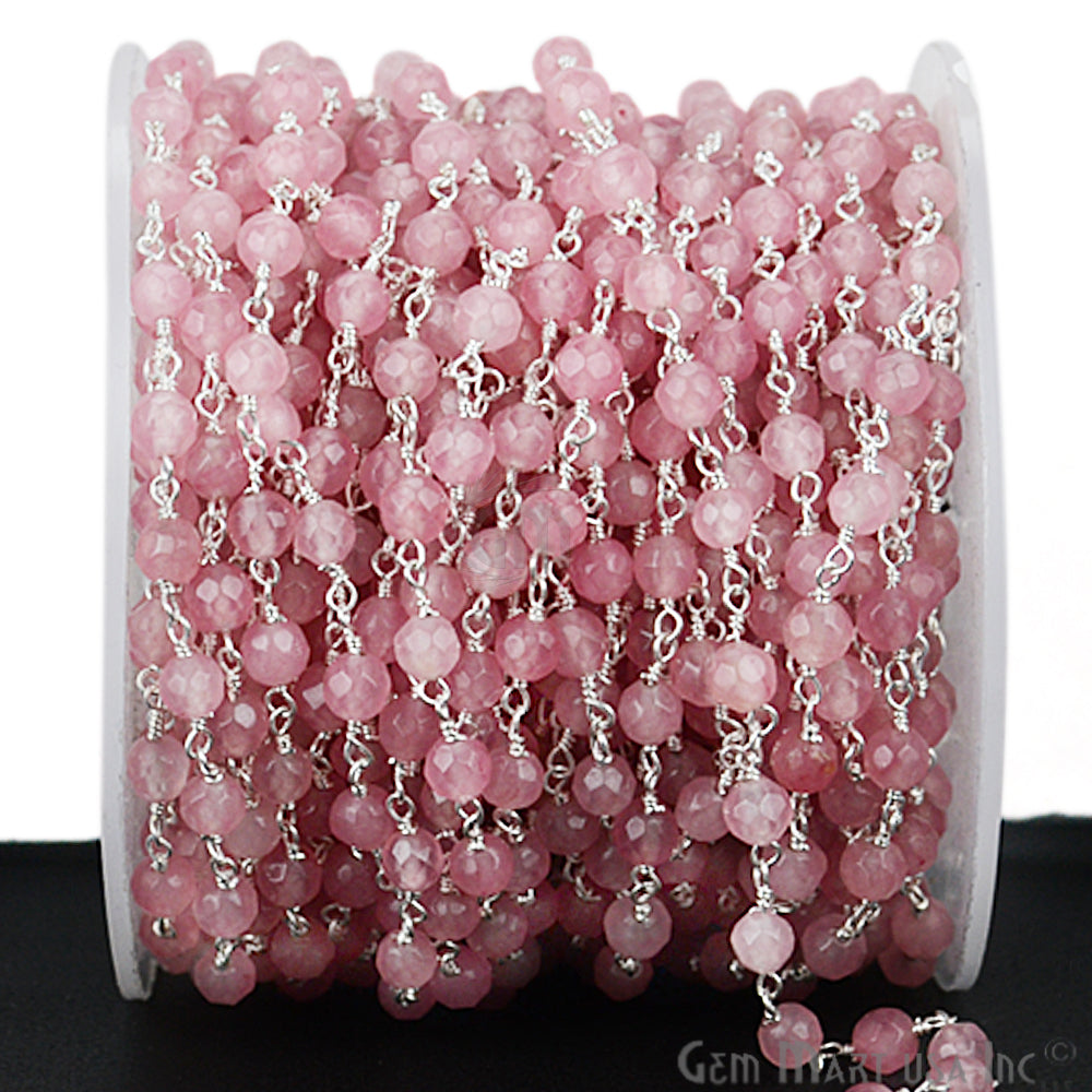 Dyed Jade Bead Faceted Crystal Round Rosary Chain Silver Plating, 4mm, 1+ ft