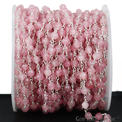 Dyed Jade Bead Faceted Crystal Round Rosary Chain Silver Plating, 4mm, 1+ ft