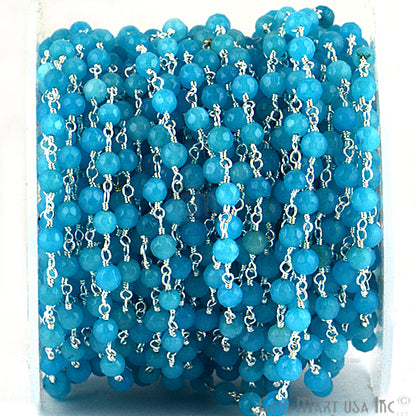 Dyed Jade Bead Faceted Crystal Round Rosary Chain Silver Plating, 4mm, 1+ ft