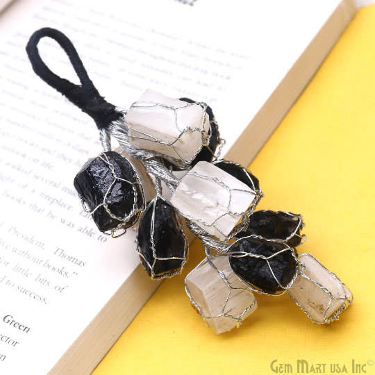 Selenite & Black Tourmaline Crystals Car Hanger Wire Wrapped Tumbled Cage Sun Catcher car hanger