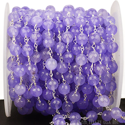 Dyed Jade Bead Faceted Crystal Round Rosary Chain Silver Plating, 8mm, 1+ ft