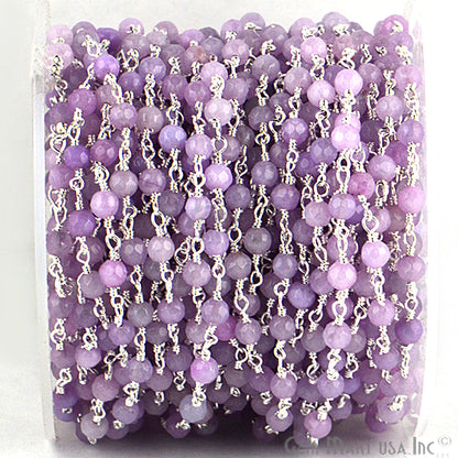 Dyed Jade Bead Faceted Crystal Round Rosary Chain Silver Plating, 4mm, 1+ ft