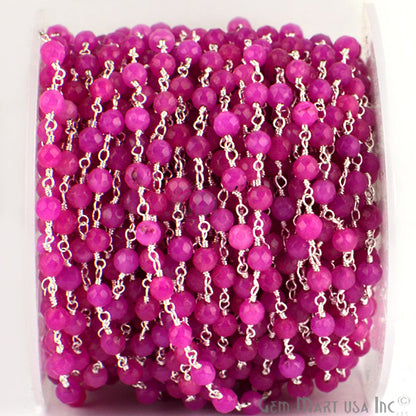 Dyed Jade Bead Faceted Crystal Round Rosary Chain Silver Plating, 4mm, 1+ ft