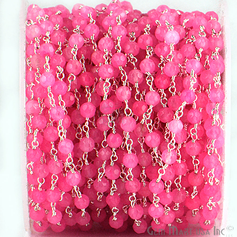 Dyed Jade Bead Faceted Crystal Round Rosary Chain Silver Plating, 4mm, 1+ ft