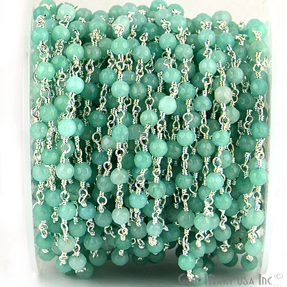 Dyed Jade Bead Faceted Crystal Round Rosary Chain Silver Plating, 4mm, 1+ ft