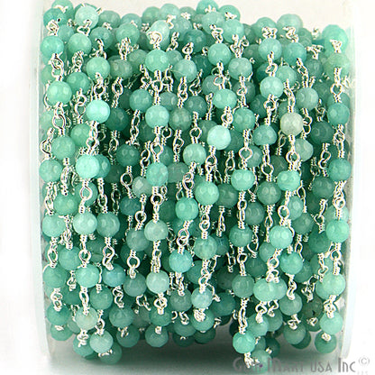 Dyed Jade Bead Faceted Crystal Round Rosary Chain Silver Plating, 4mm, 1+ ft