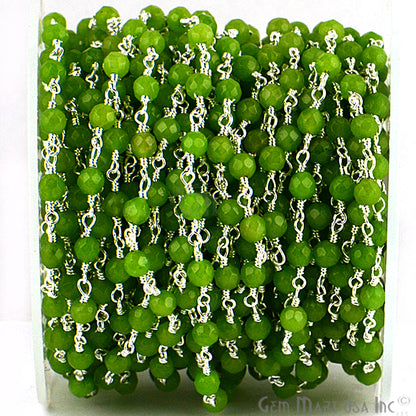 Dyed Jade Bead Faceted Crystal Round Rosary Chain Silver Plating, 4mm, 1+ ft