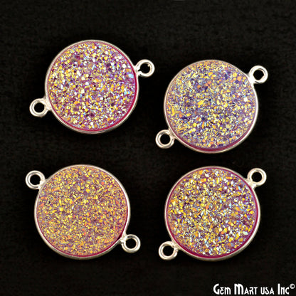 Natural Titanium Druzy 14mm Round Silver Double Bail Gemstone Connector