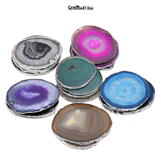 Agate Slice Coaster, Natural Gemstone Coaster, Rock & Crystal Coaster, Organic/Silver/Gold Plated Drinkware