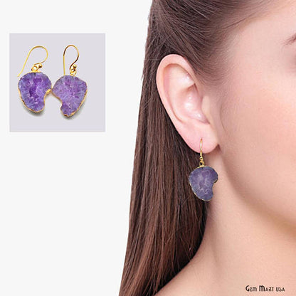 Geode Druzy Gemstone Gold Edge Dangle Hook Earrings