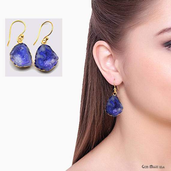 Geode Druzy Gemstone Gold Edge Dangle Hook Earrings