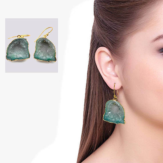 Geode Druzy Gemstone Gold Edge Dangle Hook Earrings