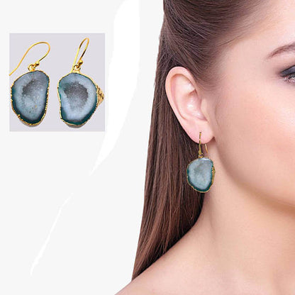 Geode Druzy Gemstone Gold Edge Dangle Hook Earrings