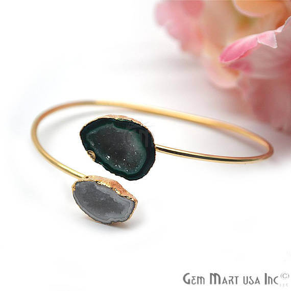 Geode Druzy Gold Edged Adjustable Stacking Bangle Bracelet