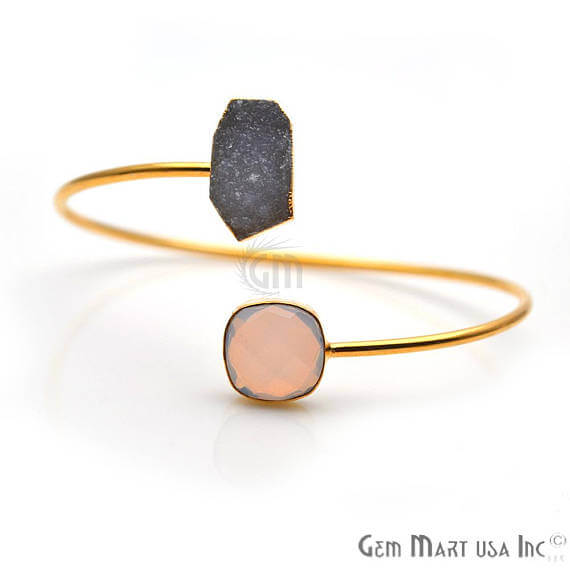 Gemstone With Druzy Gold Edged Adjustable Stacking Bangle Bracelet