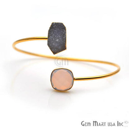 Gemstone With Druzy Gold Edged Adjustable Stacking Bangle Bracelet