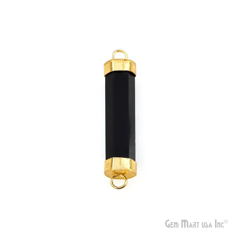 Black Onyx Double 42x10mm Point Gold Electroplated Gemstone Pendant Connector