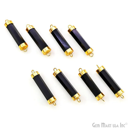 Black Onyx Double 42x10mm Point Gold Electroplated Gemstone Pendant Connector