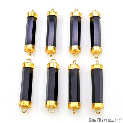 Black Onyx Double 42x10mm Point Gold Electroplated Gemstone Pendant Connector