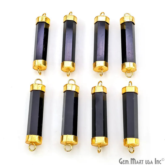 Black Onyx Double 42x10mm Point Gold Electroplated Gemstone Pendant Connector
