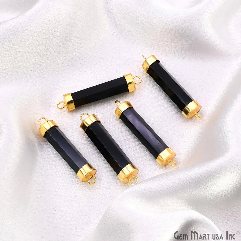 Black Onyx Double 42x10mm Point Gold Electroplated Gemstone Pendant Connector
