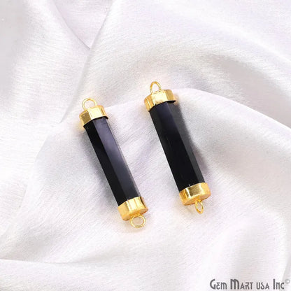 Black Onyx Double 42x10mm Point Gold Electroplated Gemstone Pendant Connector
