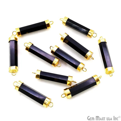 Black Onyx Double 42x10mm Point Gold Electroplated Gemstone Pendant Connector