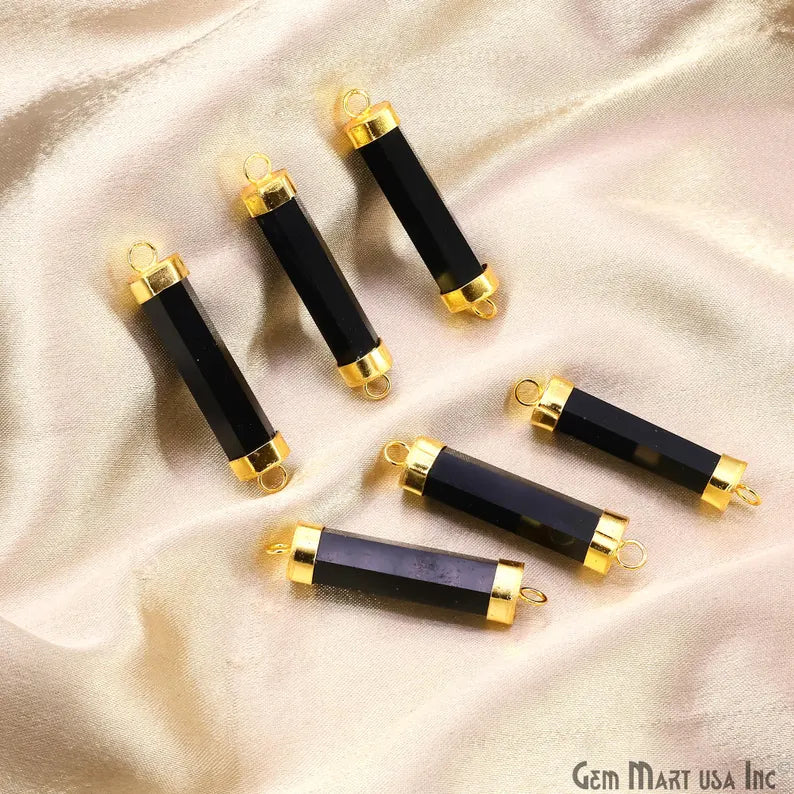 Black Onyx Double 42x10mm Point Gold Electroplated Gemstone Pendant Connector