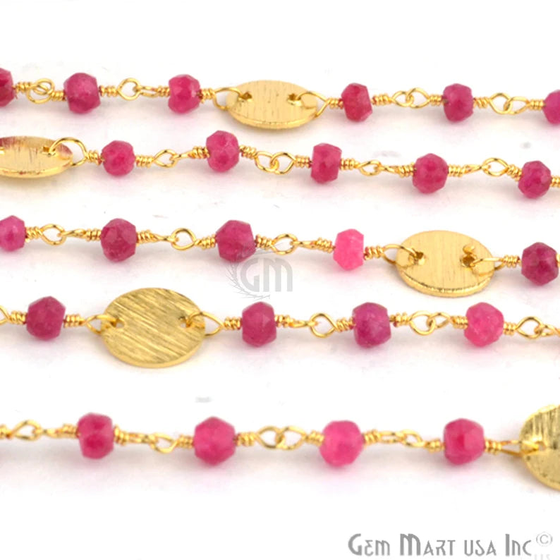 Ruby Beads 3-3.5 mm Gold Plated Disk Wire Wrapped Rosary Chain