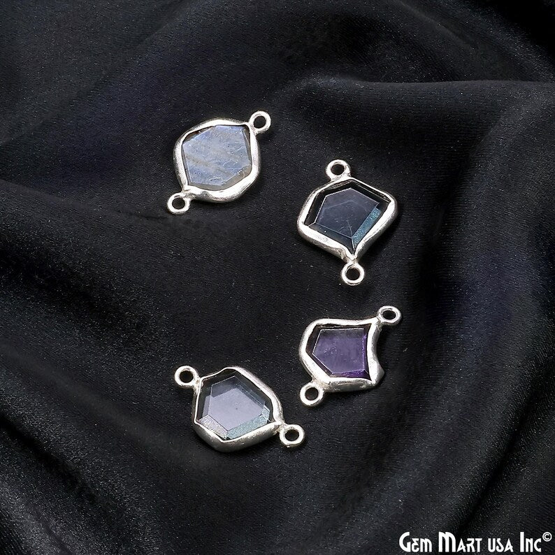 Geometric Flat Gemstone 21x13mm Silver Electroplated Double Bail Connector