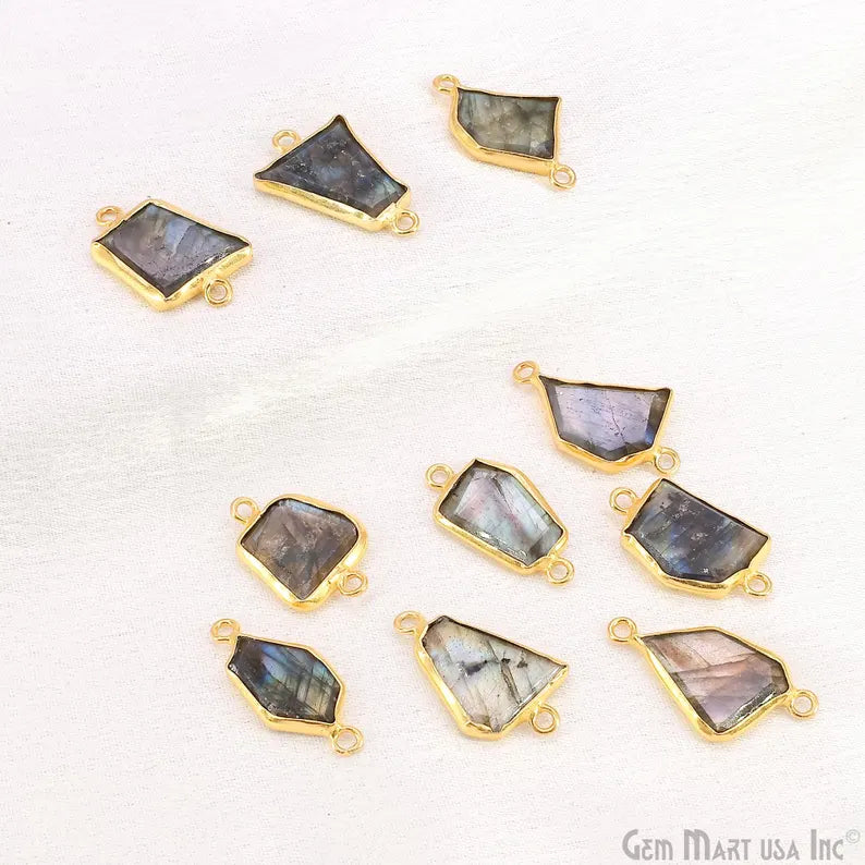 Labradorite Rough Gemstone 23x13mm Gold Plated Double Bail Charm Connector
